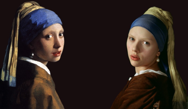2K, p aintings scarlett johansson artwork johannes vermeer the girl with a pearl earring masterpiece mirror famous woman
