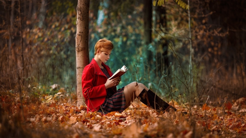 profile, coats, 1080P, forest, model, red coat, women, books, dress, on the floor, sitting, short hair, fall, Anastasia Zhilina, redhead, women outdoors