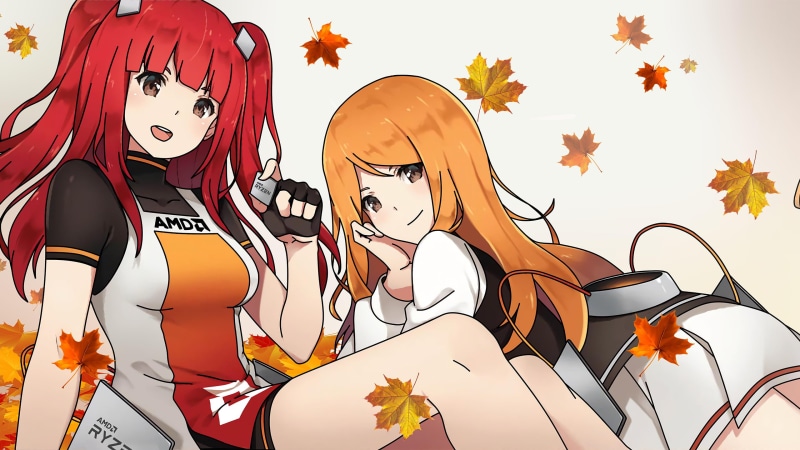 knees, brown eyes, white skirt, ryfa, black gloves, bent legs, amd chan, shorts, boots, white shirt, skirt, wire, sitting, RYZEN, long hair, zenka, gloves
