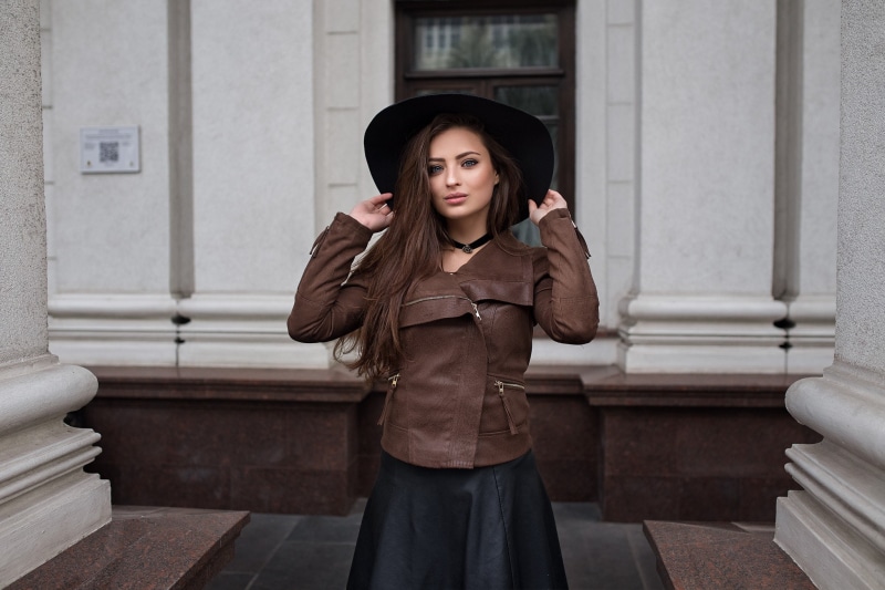 leather, leisure activity, brown jacket, hairstyle, hair, portrait, lifestyles, leather skirts, standing, three quarter length, Veronika Avdeeva, architectural column