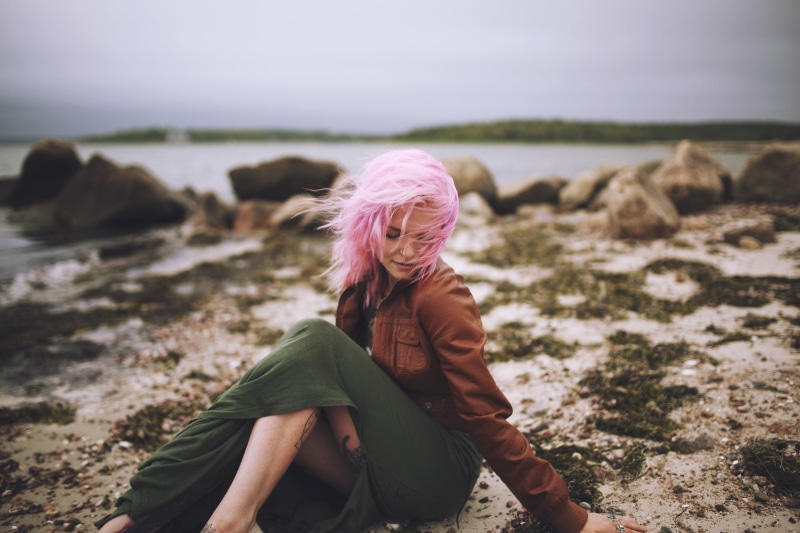 skirt, women outdoors, pink hair, lifestyles, closed eyes, leisure activity, sea, land, model, long skirt, water, real people, hair, long hair, nature