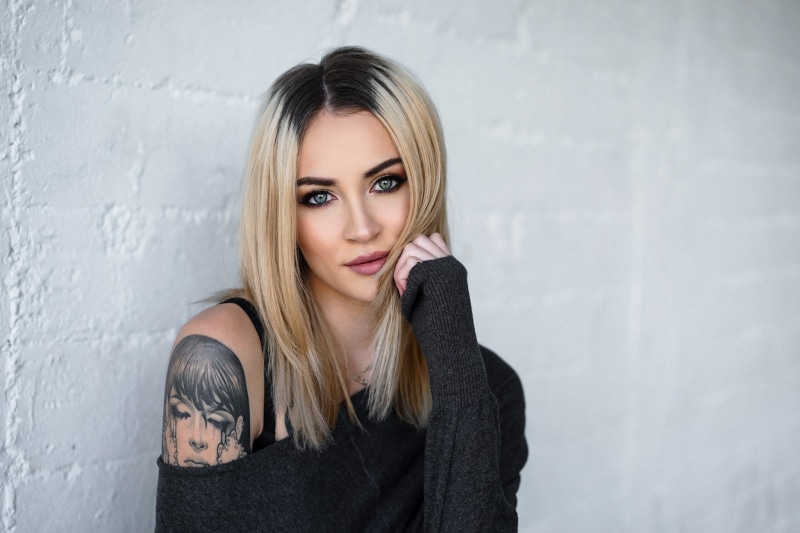 Blonde, portrait, women, tattoo, walls, 1080P, Stephanie LeBlanc, model, face, Bare Shoulders