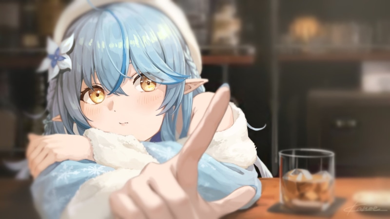 blue hair, anime girls, Hololive, long nails, anime, bar, yellow eyes, elf ears, Yukihana Lamy, drink, 1080P, barrette, long hair, blue nails