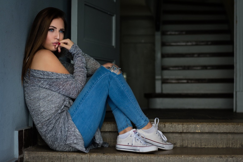 sneakers, portrait, full length, contemplation, painted nails, hairstyle, socks, fashion, architecture, sitting, beauty, adult, relaxation, young women