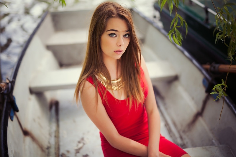 depth of field, face, women, portrait, 1080P, gray eyes, Maxime Prokaz, looking at viewer, model, long hair, boat, red dress, straight hair, dress, brunette