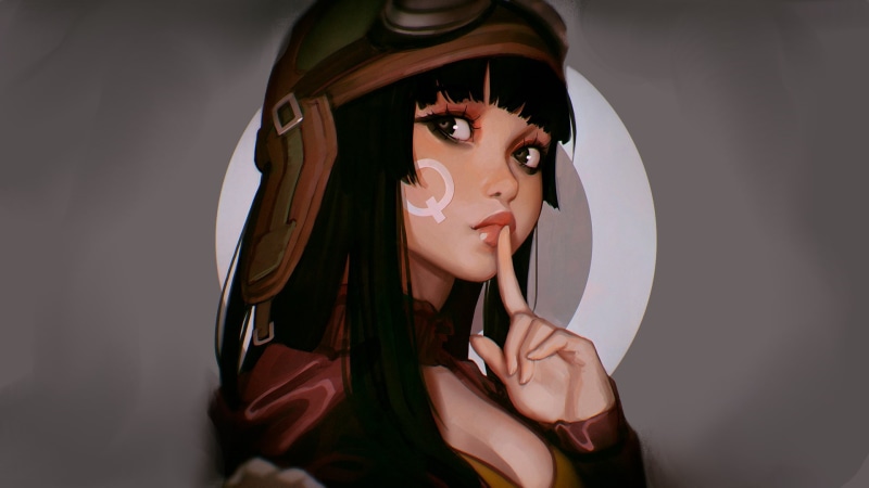 hairstyle, young adult, front view, digital art, young women, 1080P, finger on lips, looking at viewer, real people, original characters, one person, studio shot