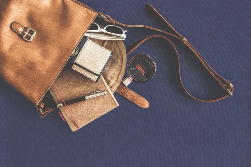 directly above, container, freshness, napkin, leather, perfume, close-up, indoors, blue, studio shot, high angle view, fashion, bag, leather goods, table