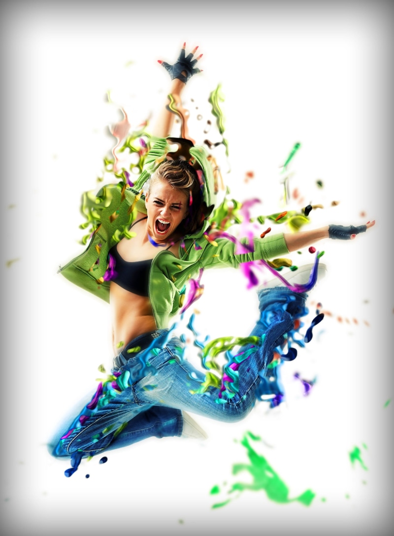 model, posing, full length, liquid, hip hop, attractive, female, looking at camera, green, artistic, beautiful woman, blue, 2K, happiness, gorgeous, splash