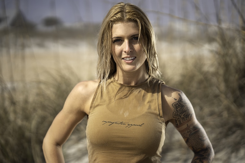 woman, focus, attractive, pose, blond hair, sleeveless, nature, wearing, exercising, smiling, portrait, beige, lady, young adult, beautiful, photoshoot