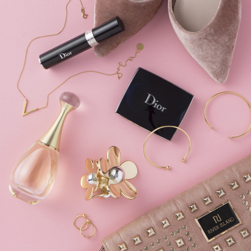 large group of objects, product shoot, dior, close-up, purse, pink color, monochrome, accessories, products, modern, shoes, kit, flatlay, creativity, perfume