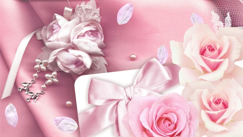 petals, ribbon, lace, pink roses, pearls, silk, 3d and abstract, 1080P, pinks, feminine