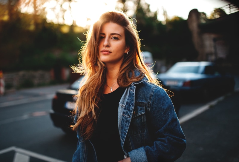 leisure activity, denim, hairstyle, long hair, outdoors, one person, women, portrait, young women, jacket, city, looking at camera, teenager, lifestyles