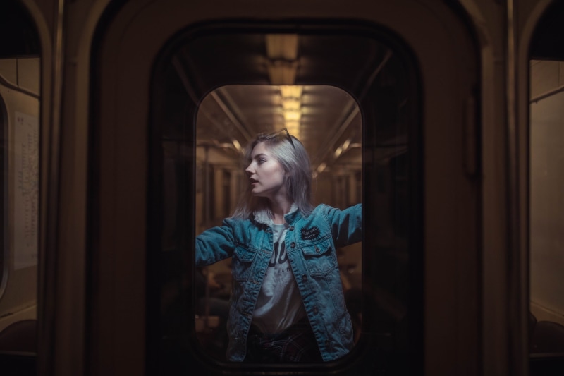 model, glasses, denim jacket, jeans, 2K, T-shirt, subway, women, blonde, Eva Elfie
