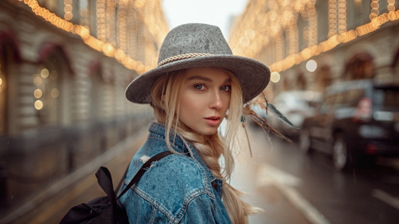 street, hair, young women, hat, beautiful woman, blonde, 720P, jean jacket, warm clothing, headshot, beautiful people, architecture, adult, depth of field