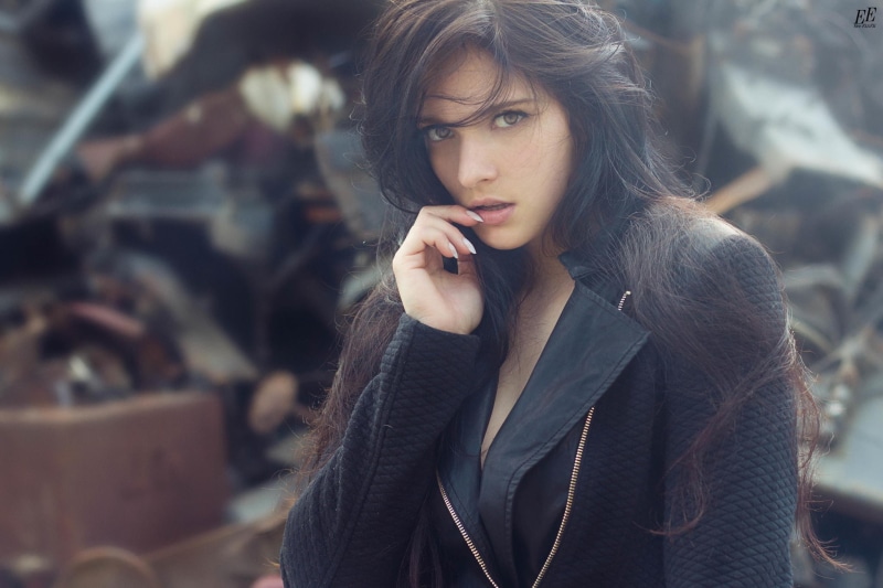 women, bokeh, black clothing, brunette, Eric Elger, brown eyes, open mouth, long hair, portrait, 1080P, model