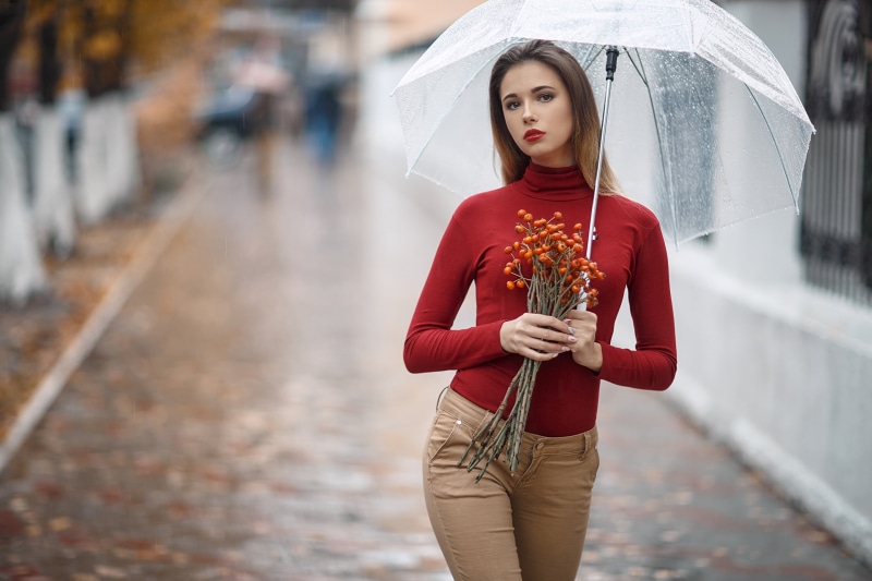 wet, pants, one person, looking at viewer, portrait, clothing, lifestyles, beautiful people, brunette, red lipstick, turtlenecks, street, 2K, adult, beauty
