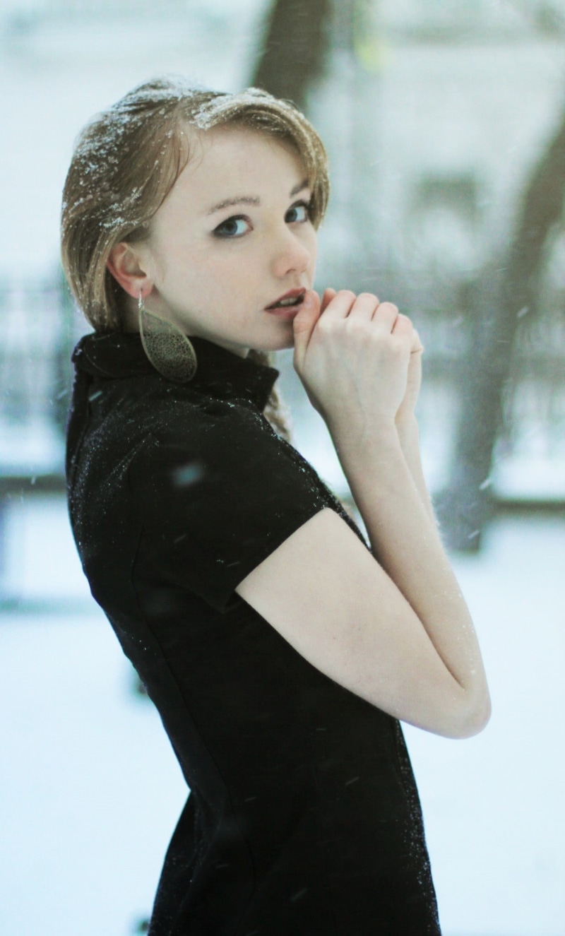 day, outdoors, child, women, black, warm clothing, hairstyle, women outdoors, standing, looking, black dress, clothing, cap, 1080P, cold temperature, girls