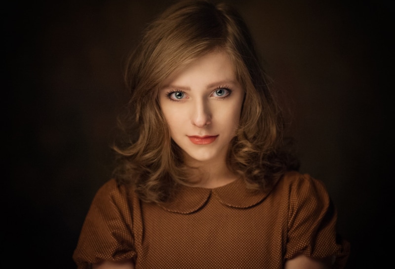 headshot, front view, Maxim Maximov, contemplation, young adult, long hair, simple background, brown hair, hairstyle, women, 1080P, beauty, fashion, one person
