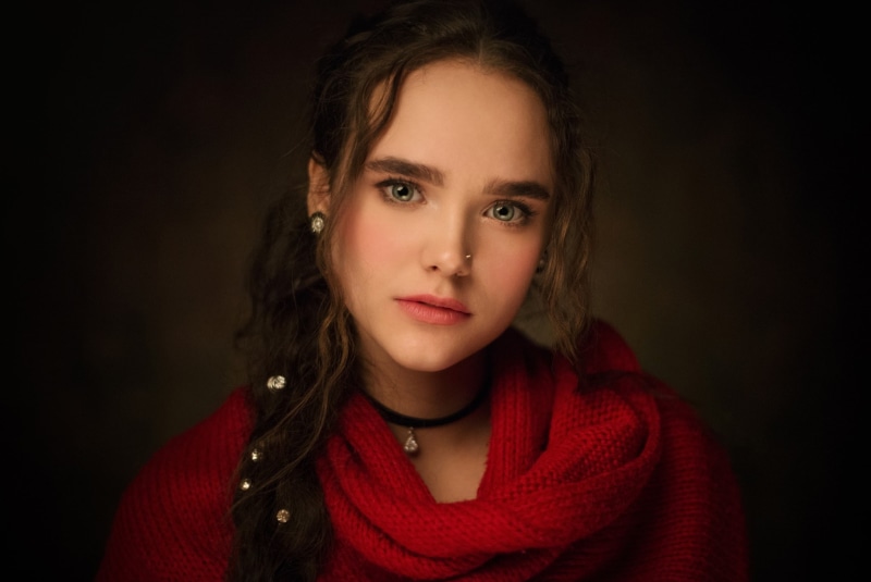 turtleneck, Maxim Maximov, beauty, choker, studio shot, simple background, young adult, contemplation, scarf, looking at camera, sweater, 1080P, women