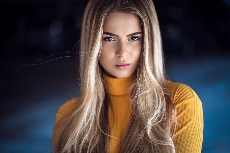 blonde, turtlenecks, 1080P, pink lipstick, portrait, women