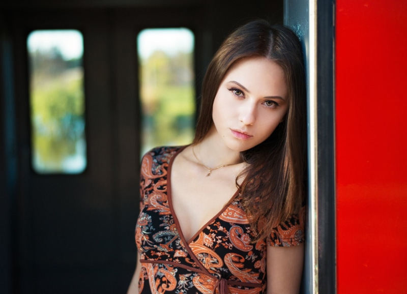 long hair, 1080P, waist up, front view, beauty, adult, brown hair, Catherine Timokhina, one person, Maxim Maximov, window, young women, fashion, looking at camera