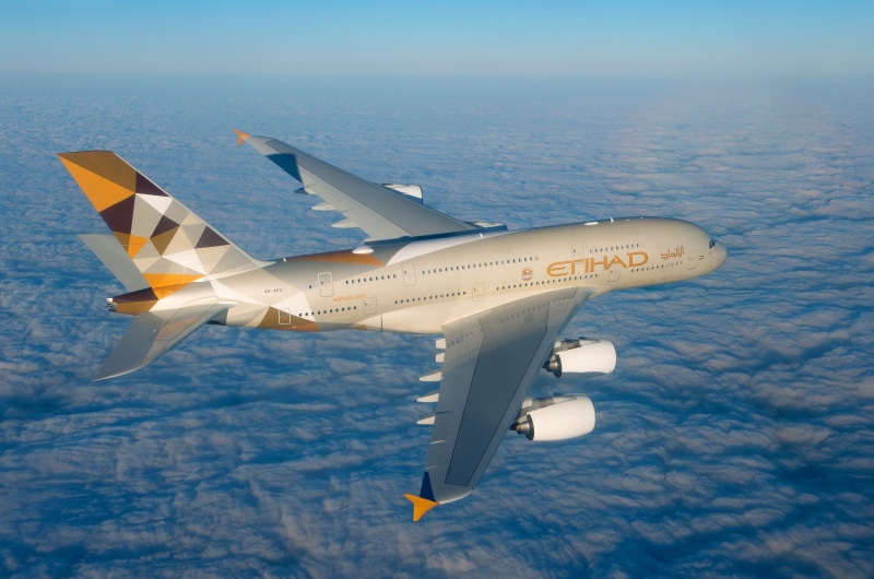 2K, Airbus, A380, Airbus A380, A passenger plane, Clouds, Airbus A380-800, Etihad Airways, Wing