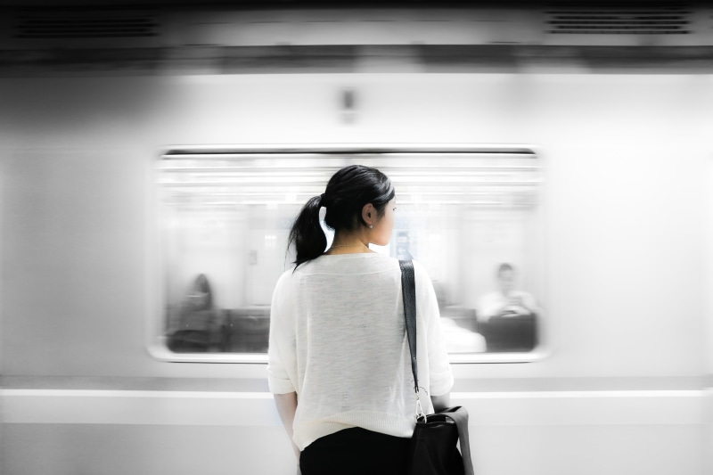 hairstyle, subway, subway train, blurred motion, travel, Asian, motion, adult, hair, train, rail transportation, 5K, subway station, three quarter length