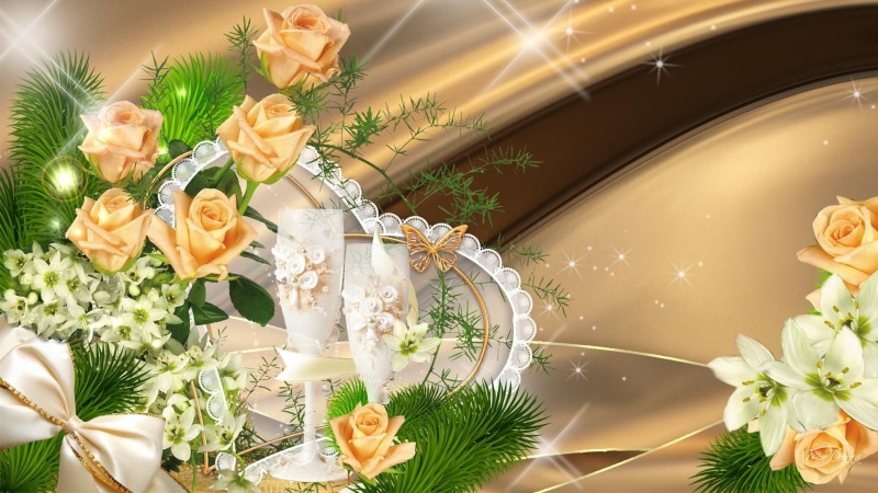 stars, surprise, glasses, champagne, sparkle, ribbons, 1080P, wedding, golden, lace, gold, vintage, flowers, rose, yellow rose
