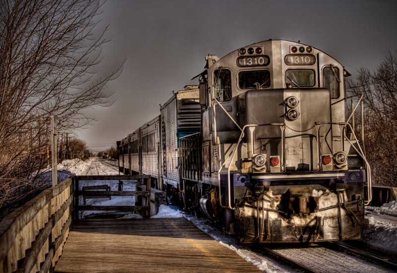 built structure, Montreal, train, outdoors, HDR, bare tree, rail transportation, day, track, train - vehicle, mode of transportation, tree, architecture