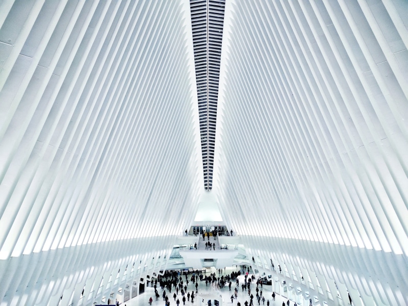 oculu, city, lifestyles, motion, building, ceiling, real people, nyc, day, white, city life, people, vast, built structure, interior, commuter, high, group of people
