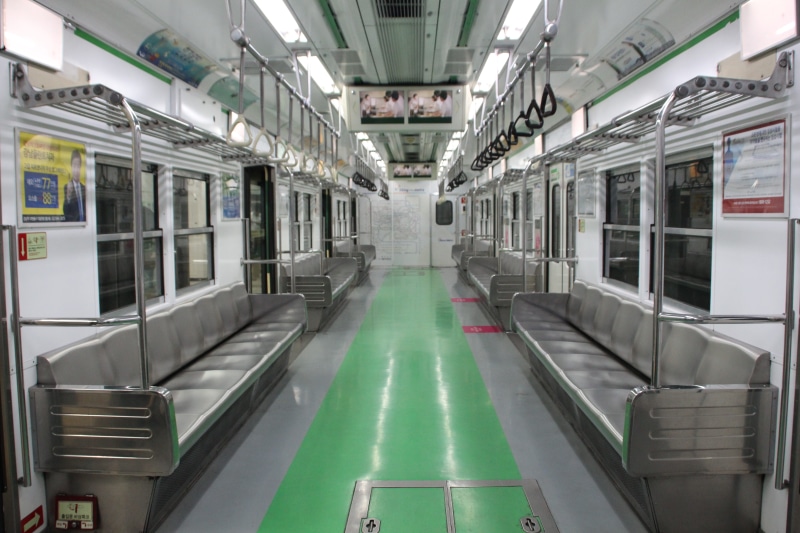 railway south korea, metro, green color, rail transportation, coach, republic of korea, 5K, railway, rooms, empty, vehicle interior, korea, architecture