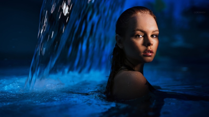 in water, face, adult, night, juicy lips, young adult, contemplation, water, women, portrait, Ivan Gorokhov, wet, hair, one person, hairstyle, tattoo, beautiful woman