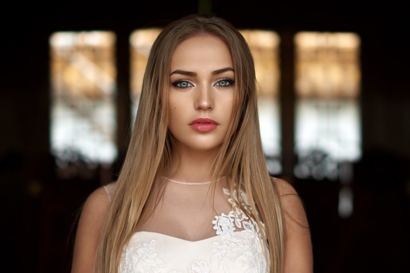 headshot, hairstyle, long hair, beautiful woman, front view, looking at camera, women, Maria Puchnina, blond hair, Mary Jane, straight hair, Alex Fetter