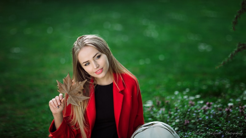 Mary Jane, long hair, model, looking into the distance, women outdoors, women, pink lipstick, blonde, 1080P, red jackets, Maria Puchnina, pale