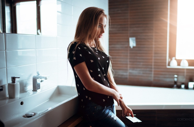 Ivan Gorokhov, model, jeans, 1080P, blonde, bathroom, face, Maria Puchnina, standing, portrait, looking away, women, juicy lips