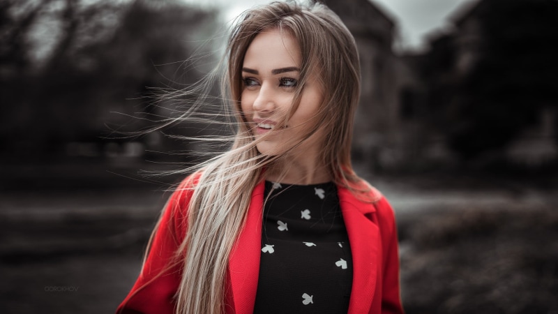 Ivan Gorokhov, fashion, straight hair, model, focus on foreground, outdoors, one person, hair, Maria Puchnina, teenager, looking into the distance, beautiful woman