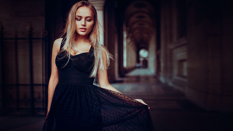 women, black, straight hair, puchnina, dress, black dress, model, maria, gorokhov, blonde, depth, mary, depth of field, field, long hair, ivan gorokhov