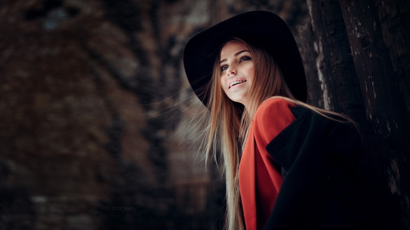women, motion blur, happy, hat, Maria Puchnina, black coat, millinery, coats, straight hair, smiling, portrait, long hair, depth of field, 1080P, face