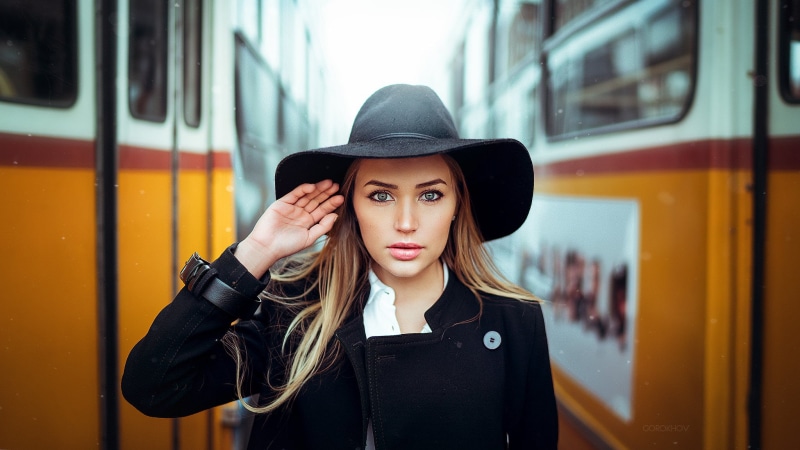 hairstyle, black hat, public transportation, face, women with hats, portrait, Maria Puchnina, beauty, transportation, beautiful woman, rail transportation