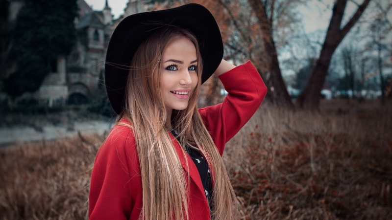 fall, millinery, Peter Paszternak, straight hair, Alex Fetter, 1080P, portrait, brunette, Maria Puchnina, face, long hair, blue eyes, hat, women outdoors