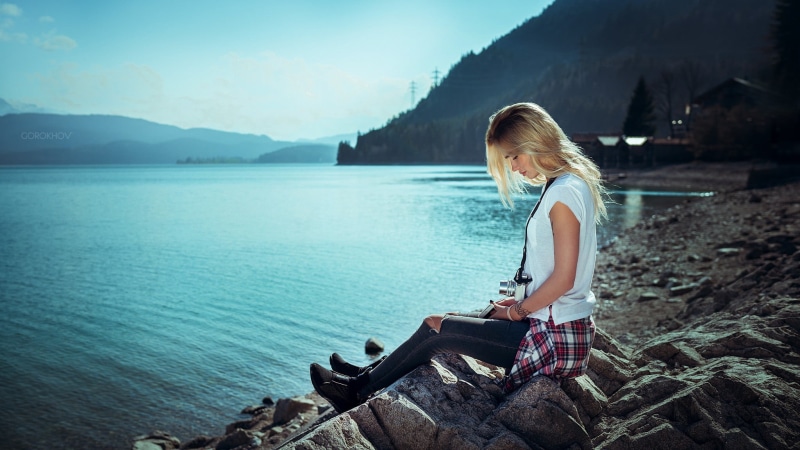 women outdoors, hair, sitting, sea, pants, daytime, rocks, torn jeans, water, woman, closed eyes, Ivan Gorokhov, teenager, front, leisure activity, blonde