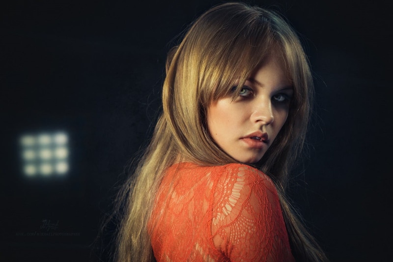 red, young adult, studio shot, black background, hairstyle, one person, portrait, long hair, 480P, evil, human hair, Anastasia Scheglova, bangs, headshot