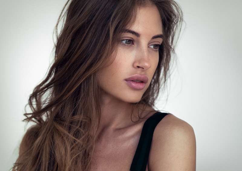 wavy hair, brown eyes, lips, brown hair, Andrey Firsov, mouth, 1080P, juicy lips, close up, hazel eyes, girl, portrait, model, face, photographer, strap