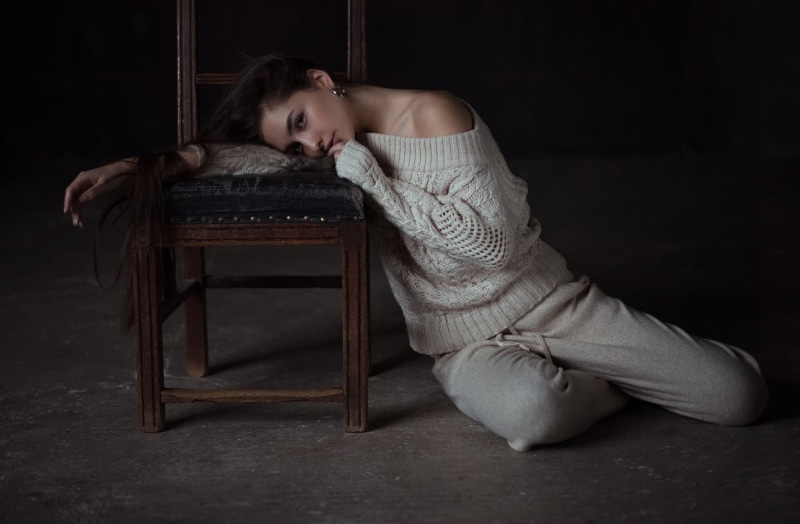 Andrey Firsov, Darina Dashkina, chair, mood, 1080P, long hair, sweater, on the floor, pose
