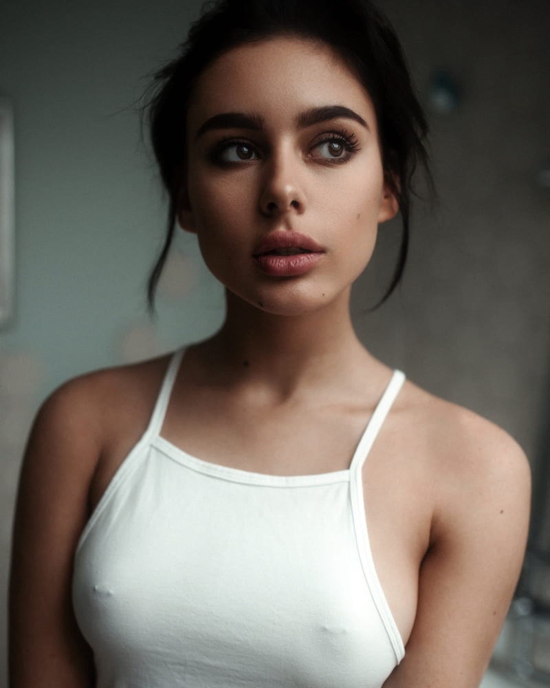 Andrey Firsov, 1080P, bare shoulders, women indoors, no bra, women, model, face, portrait display, white tops, pierced nipples, depth of field, nipples through clothing