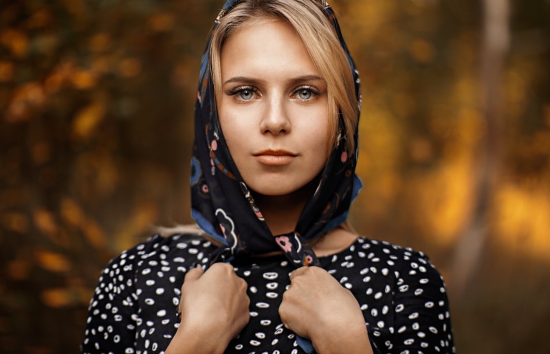 headshot, looking at camera, front view, face, blonde, beauty, dress, hair, young women, Ilya Baranov, women, polka dot, spotted, one person, adult, hairstyle