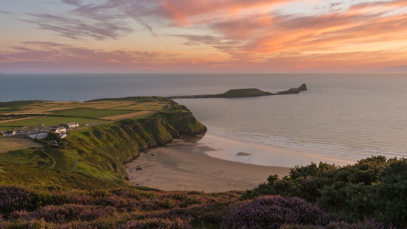 cliff, worms, 1080P, Rhossili Bay, cloud, nature, Gower Peninsula, island, Wales Coast Path, green, heather, beach, green island, head, sunset, scenics