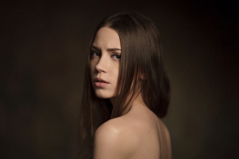 black background, looking, face, beautiful woman, brown hair, women, simple background, pink lipstick, indoors, long hair, shirtless, Ksenia Kokoreva, human hair