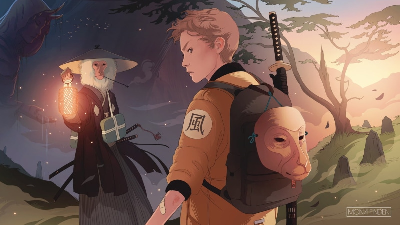 2D, fantasy art, drawing, illustration, looking over shoulder, monkey, statue, Mona Finden, katana, yokai, jacket, backpacks, 1080P, Fantasy Men, lantern