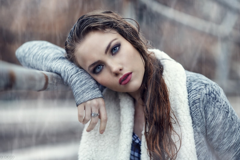 winter, long hair, hairstyle, one person, portrait, rain, red lipstick, 1080P, beautiful woman, women, young women, young adult, warm clothing, outdoors